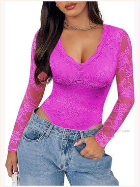 Women's V Neck Lace Bodysuit Long Sleeve Double Lined Going Out Top Y2K Thong